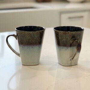 Master Cuisine Coffee Cups, Set of 2, Cream Brown Blue Stoneware Mugs, Drinkware